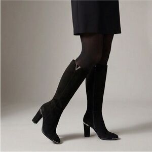 Geronea Black Suede Tall Boots Gold Hardware V-Detail Size 37